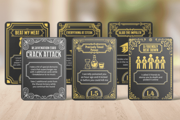 Four cards featuring various types of beer, promoting the Murderville starter set for an exciting card battle experience.